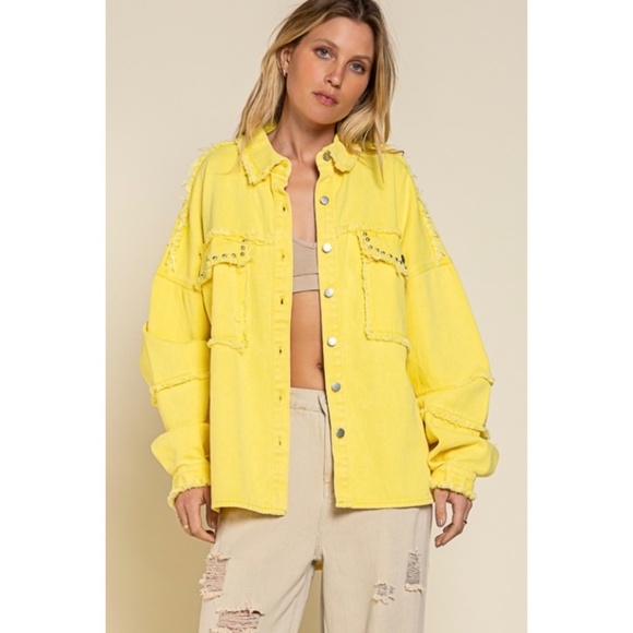 POL Yellow Raw Edge Reverse Seam Denim Shacket - Picture 3 of 8